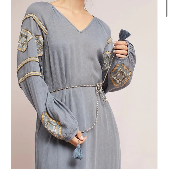 FLASH SALE Anthropologie Women’s Riya Beaded Grey Tunic Midi Dress w Tassel Belt - Picture 7 of 8
